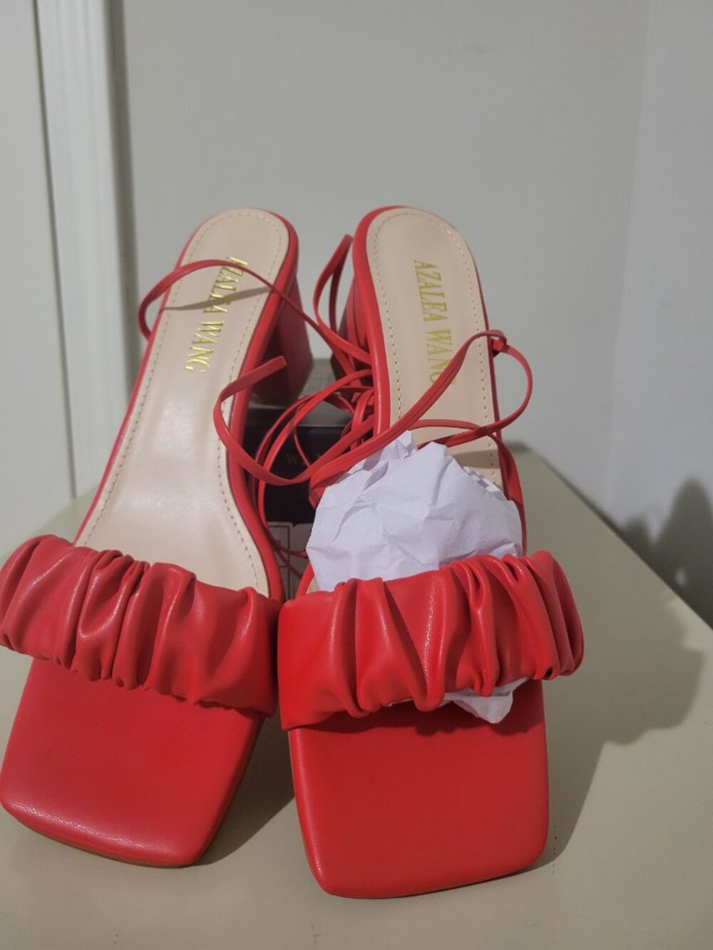 Azalea Wang Layah Red Ruched Lace-Up Block Heel Sandals 7.5